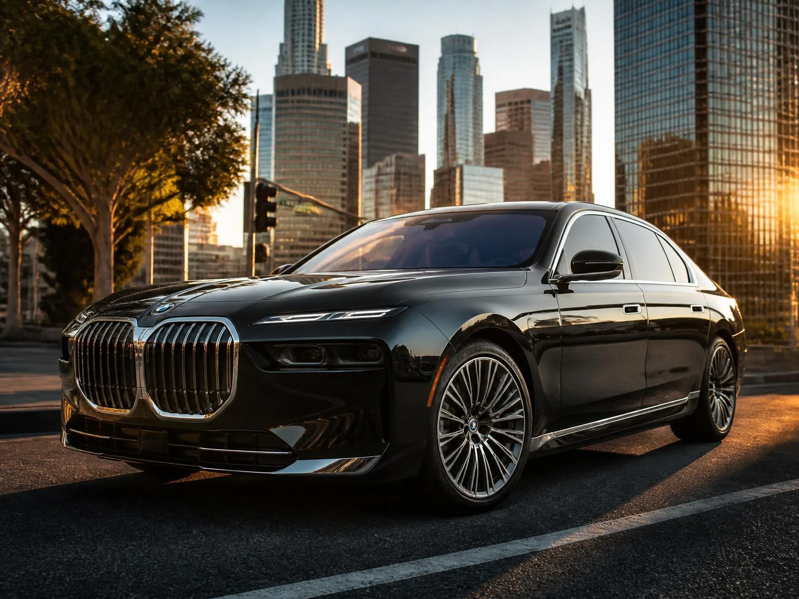 Black 2024 BMW 7-Series on a downtown Los Angeles street at golden hour