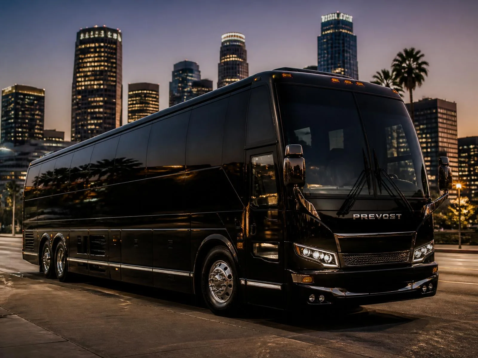 Glossy black 40-passenger limo coach in downtown Los Angeles at twilight