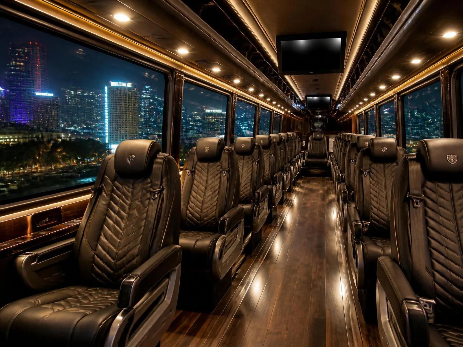 Limo bus interior with captain seats and overhead monitors