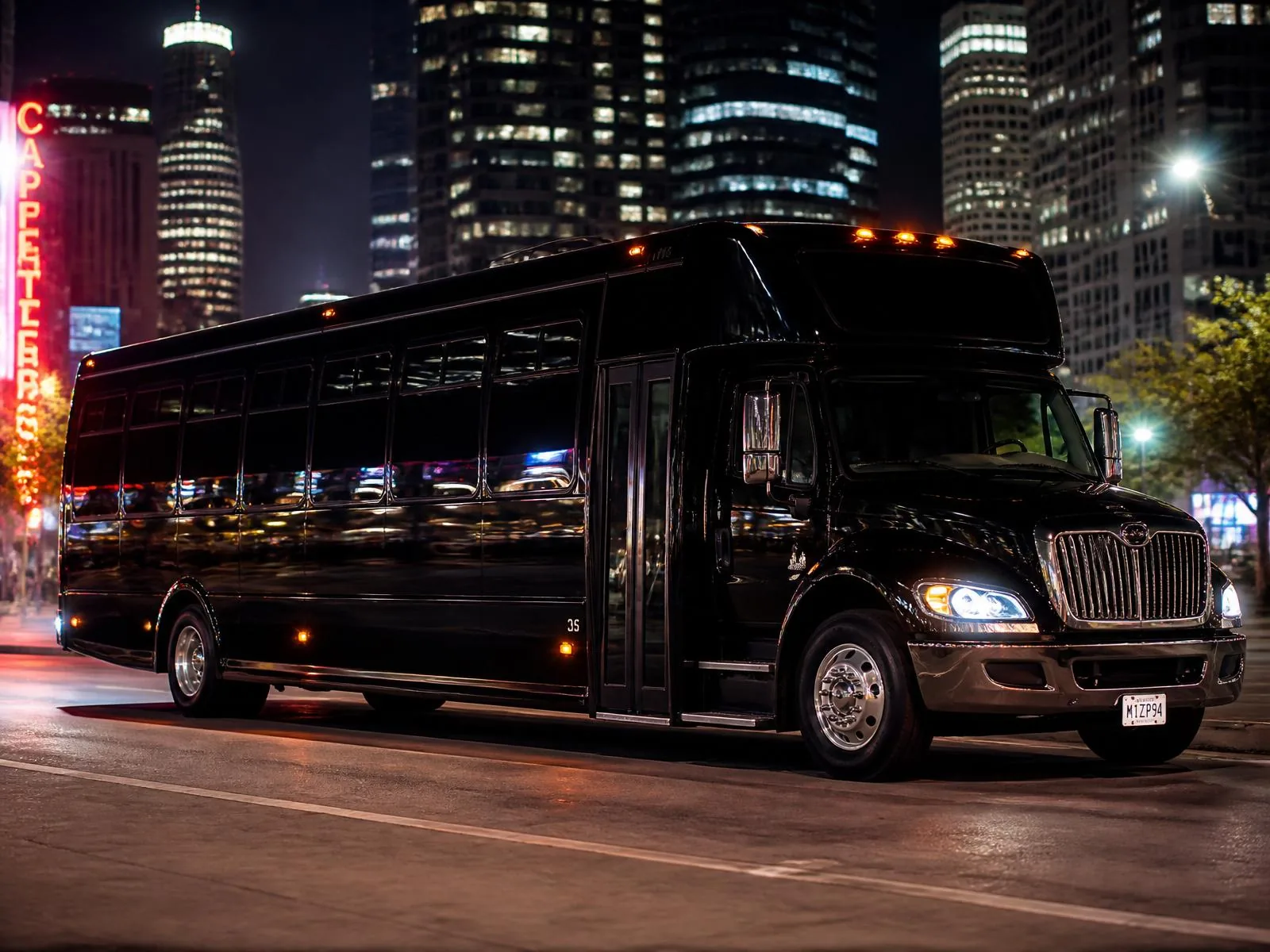 Black 35-passenger party bus on a downtown Los Angeles street at night