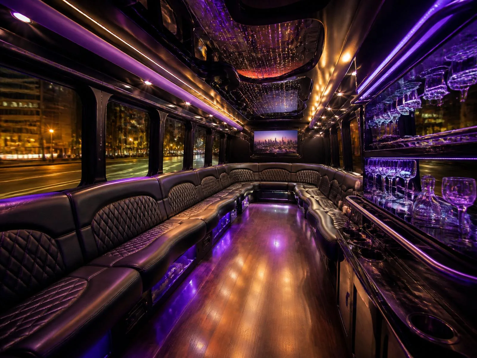 Party bus interior with quilted leather seating and purple ambient lighting