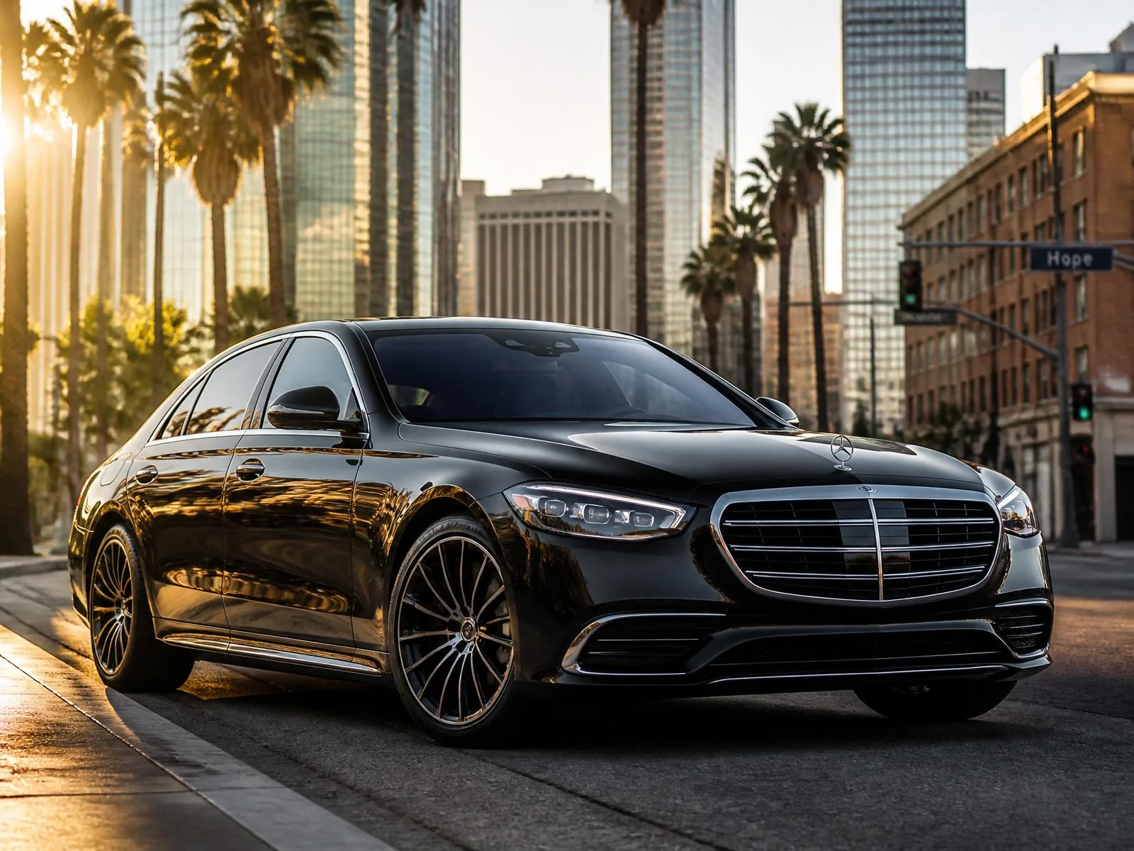 Black 2025 Mercedes-Benz S-Class on a downtown Los Angeles boulevard at sunset