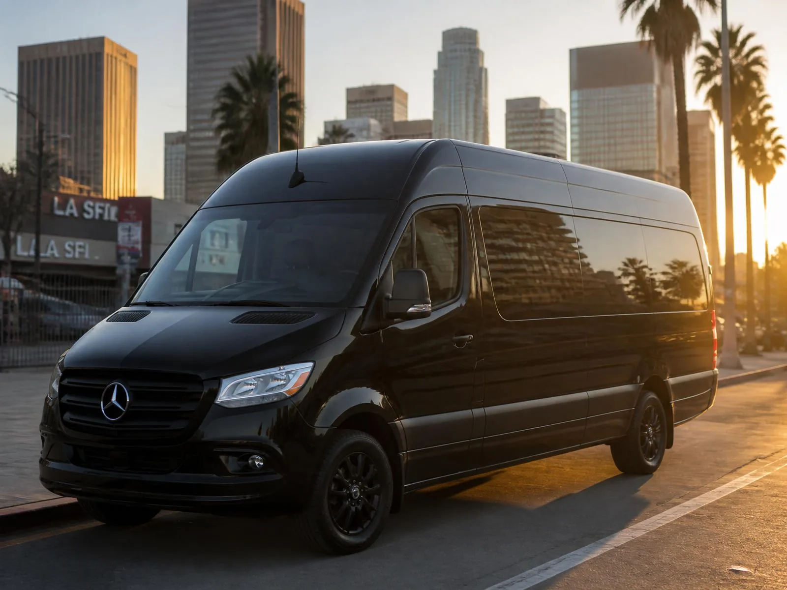 Blacked-out 15-passenger Mercedes-Benz Sprinter van in downtown Los Angeles