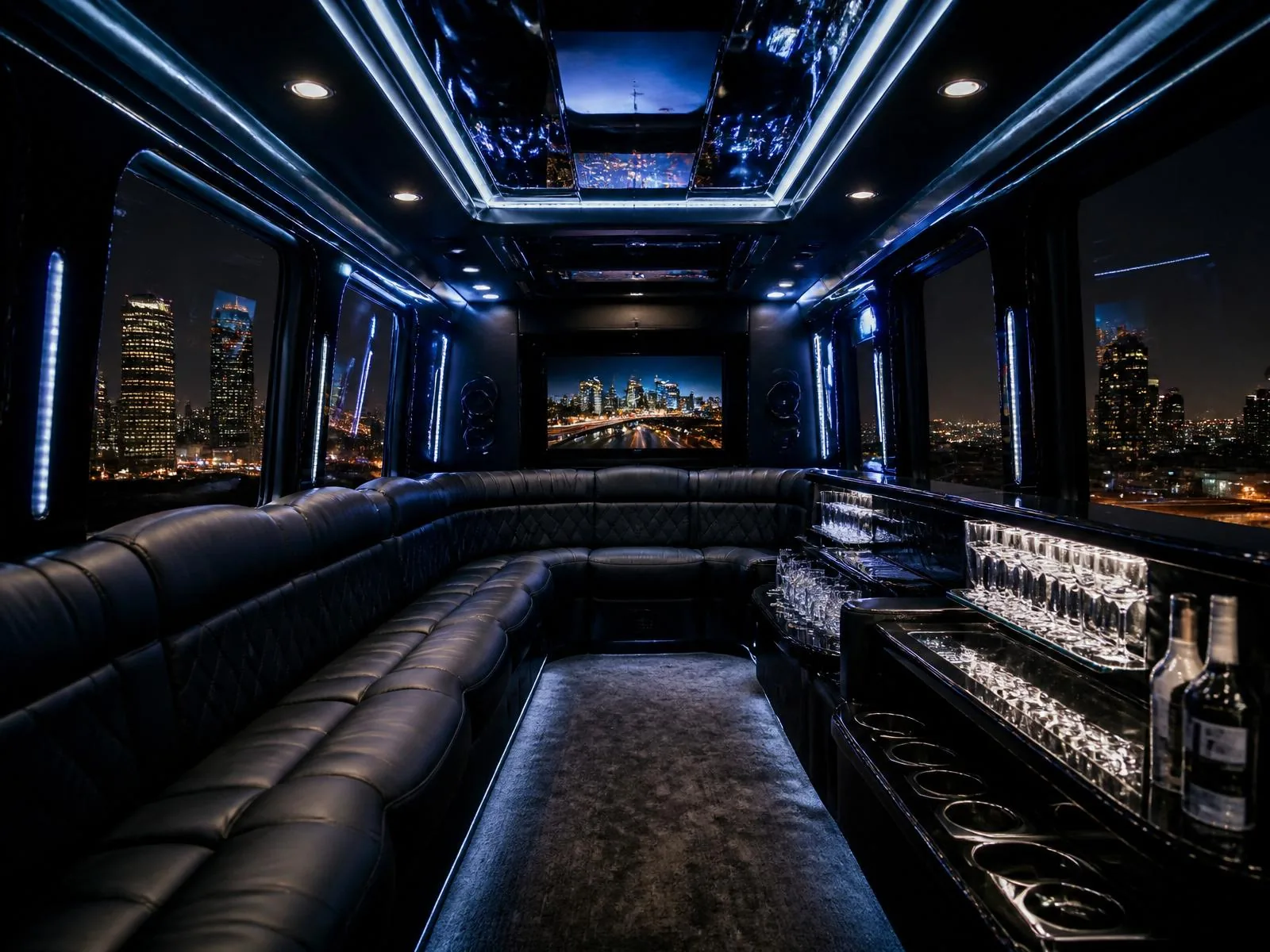 Sprinter limo interior with wrap-around leather seating and ambient lighting