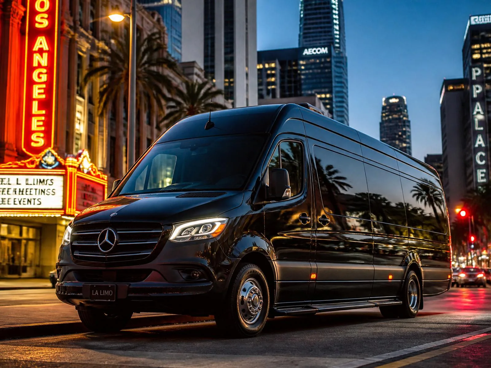Black Sprinter party bus parked on a downtown Los Angeles street at dusk